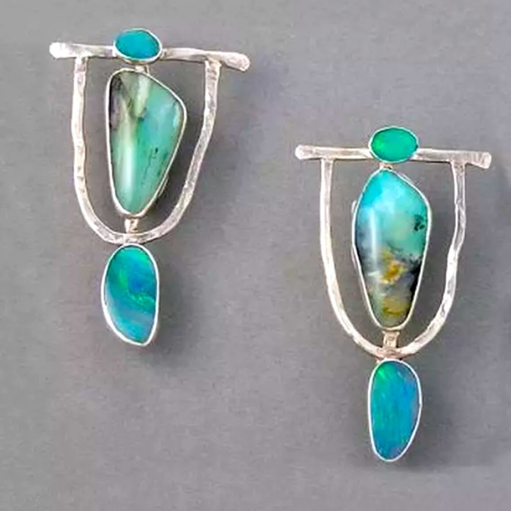 Silver Turquoise Drop Earrings - Blue-Green Stones